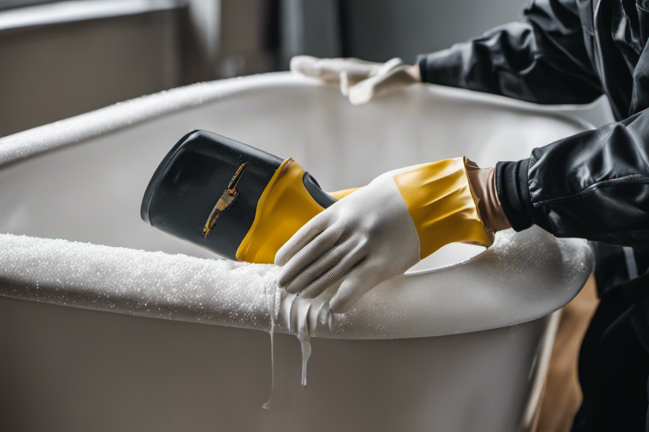 An image showcasing a pair of gloved hands meticulously sanding and smoothing a cracked plastic bathtub, while a small container of adhesive and a tube of caulking sit nearby, ready for repair
