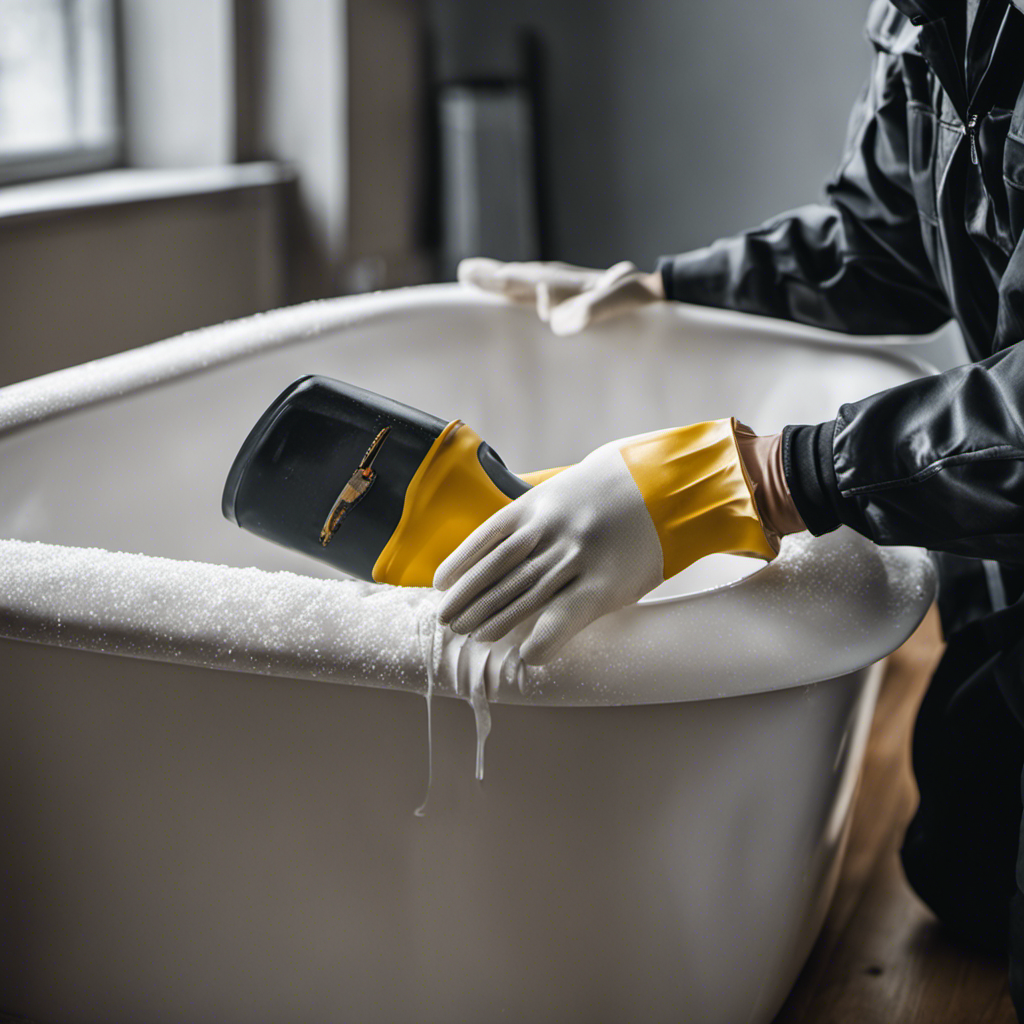 An image showcasing a pair of gloved hands meticulously sanding and smoothing a cracked plastic bathtub, while a small container of adhesive and a tube of caulking sit nearby, ready for repair