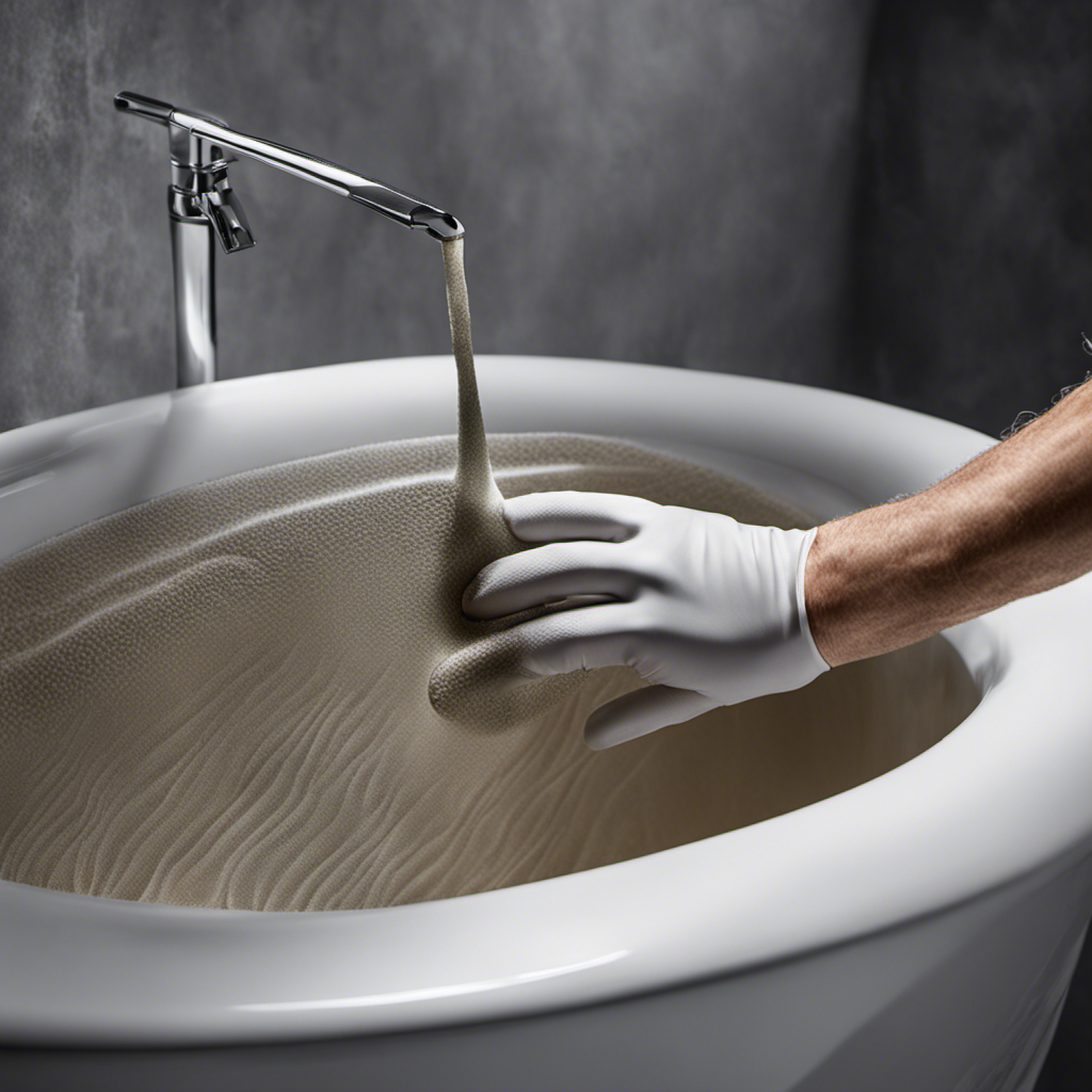 An image showcasing a pair of gloved hands gently sanding the surface of an acrylic bathtub, revealing a smooth and even texture
