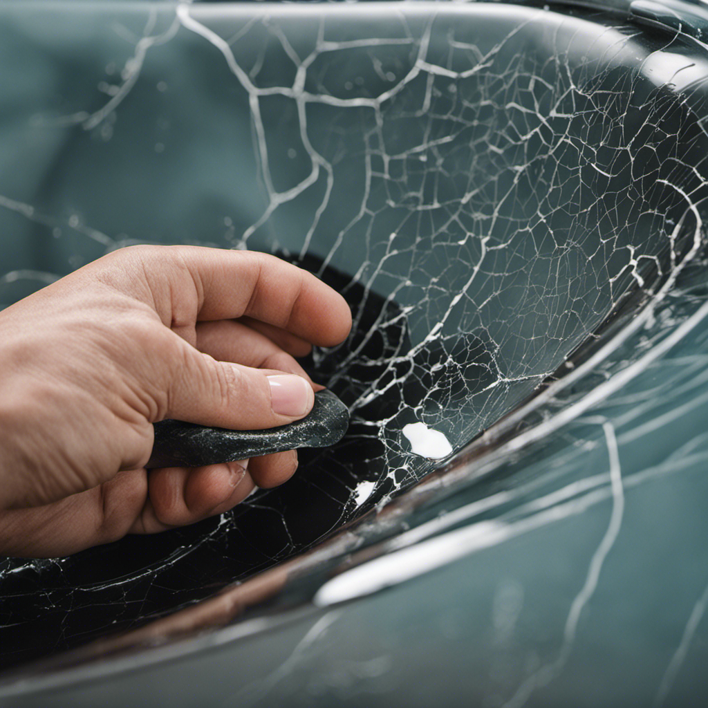 An image featuring a close-up view of a cracked bathtub surface, showcasing a skilled hand meticulously applying a clear epoxy resin to fill the cracks