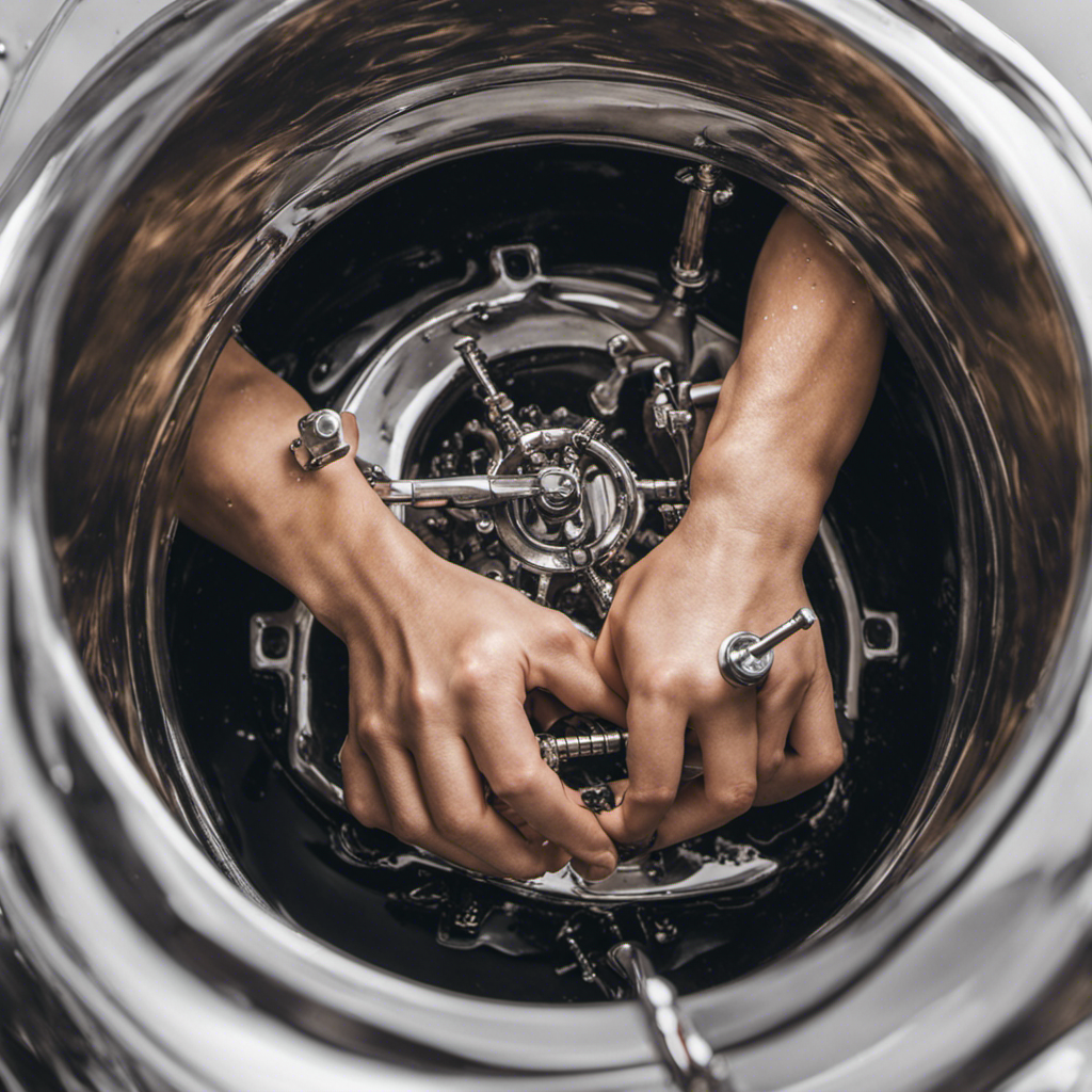 An image of a pair of gloved hands holding a wrench, loosening the drain stopper in a bathtub