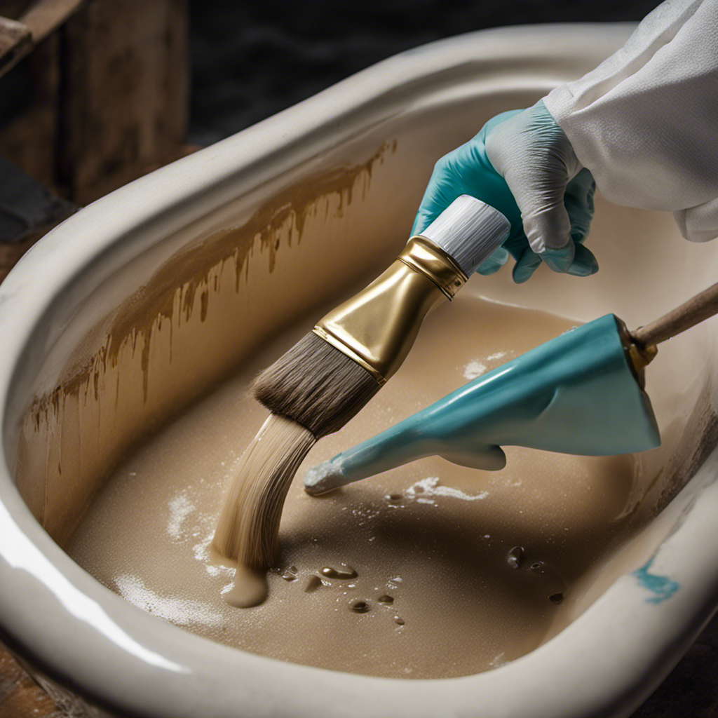 An image depicting a pair of gloved hands delicately sanding and smoothing the chipped and discolored bathtub enamel, with a small jar of enamel paint and a paintbrush nearby, ready for repair