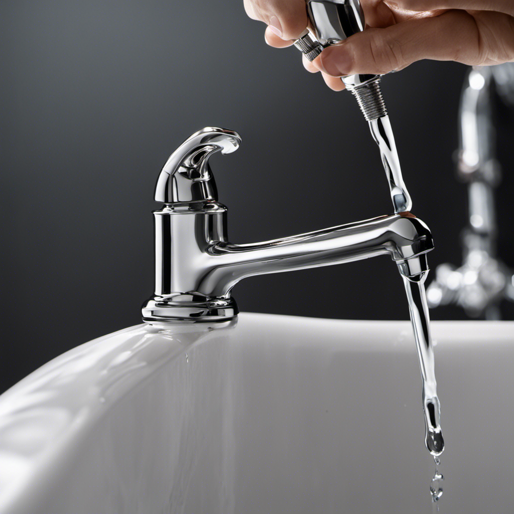 An image of a close-up view of a bathtub faucet with water droplets forming on the leaking area