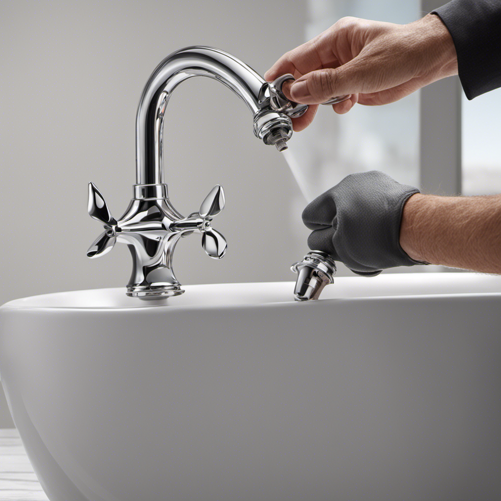 An image showcasing a close-up of a hand turning a wrench, effortlessly dismantling a bathtub faucet