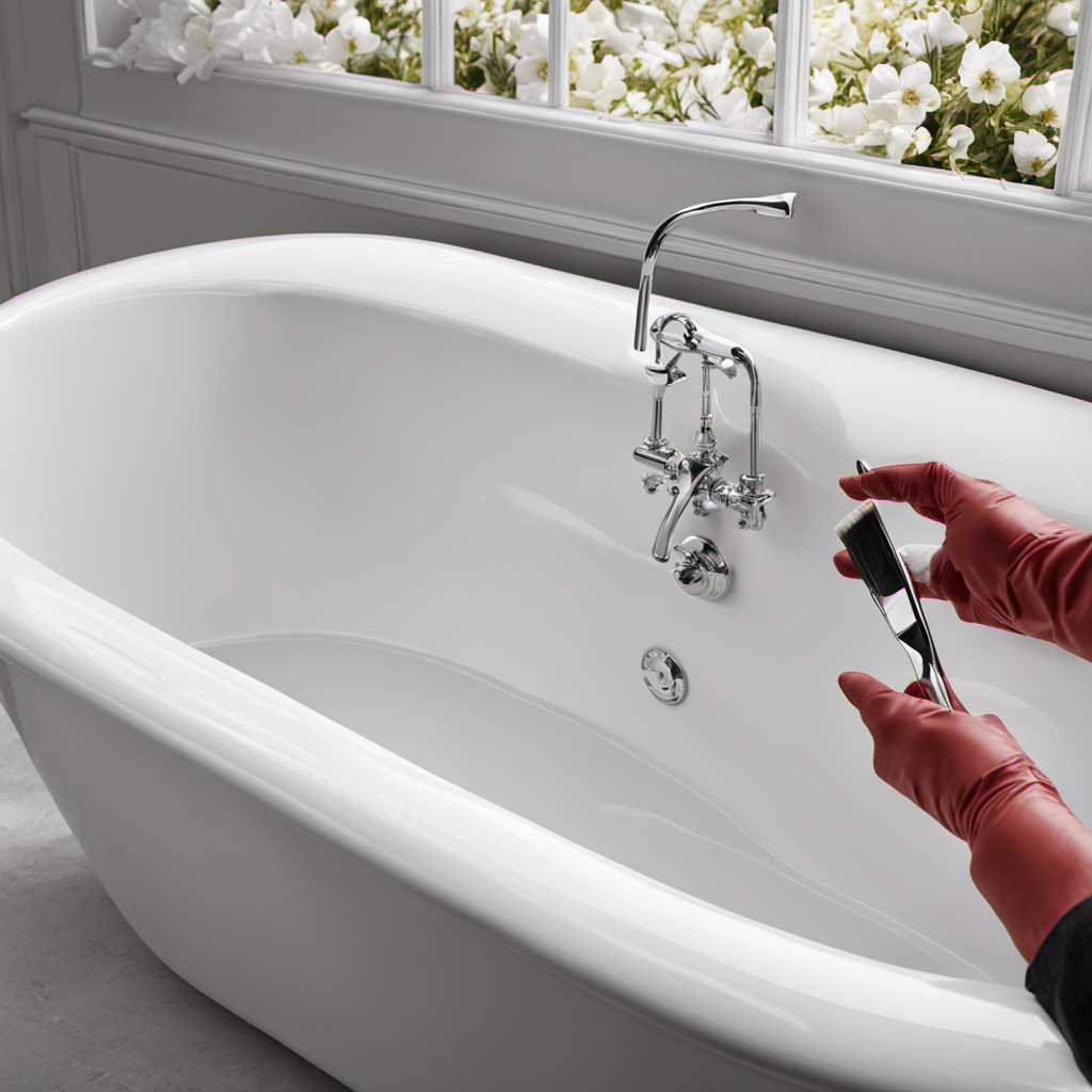 An image that showcases a pair of gloved hands delicately applying a thick layer of enamel repair compound onto a chipped section of a pristine white bathtub, with a small brush and a smooth, seamless finish