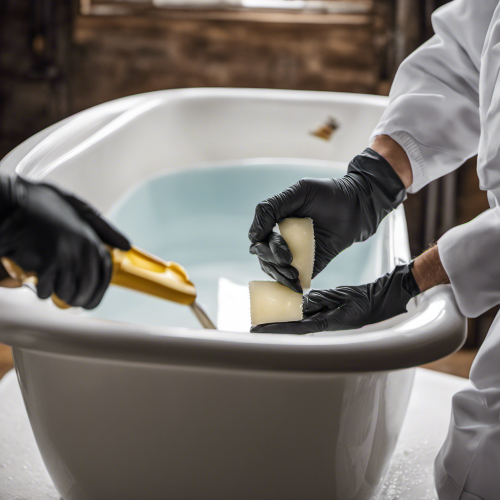 An image showcasing a pair of gloved hands meticulously applying epoxy putty to carefully fill in a chip in a pristine white bathtub, highlighting the step-by-step process of repairing chips