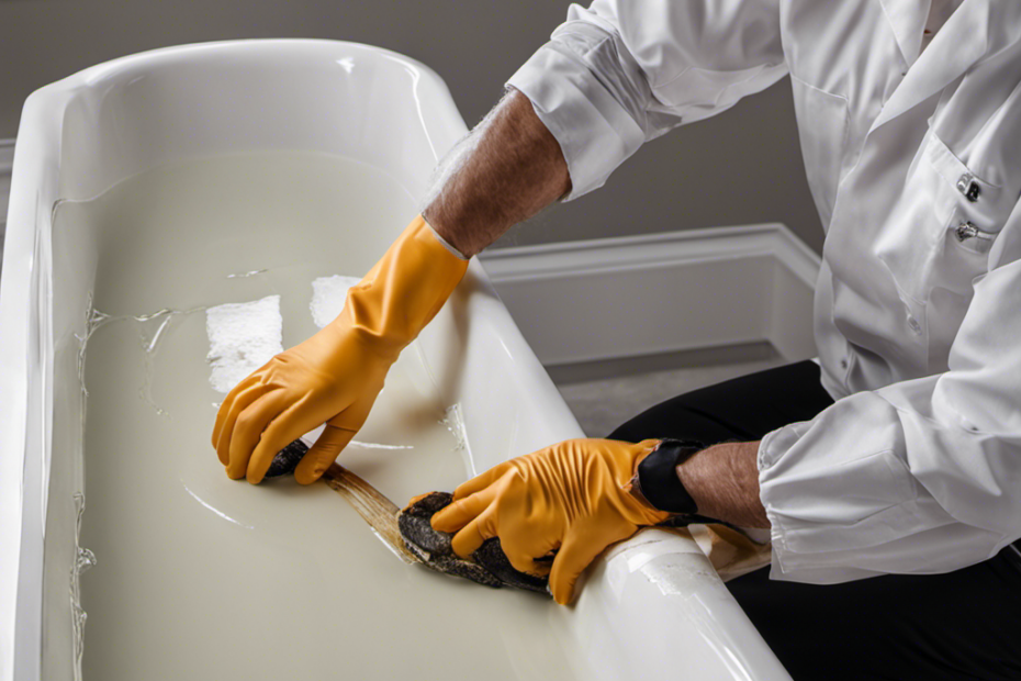 An image showcasing a pair of gloved hands gently applying a clear epoxy paste to a long, hairline crack on the surface of a pristine white bathtub, demonstrating the process of repairing a cracked bathtub