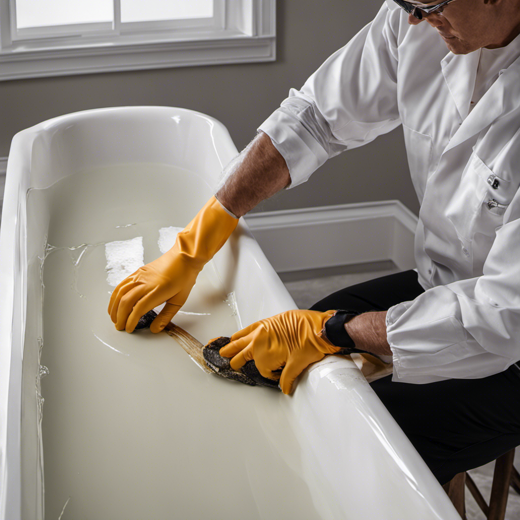 An image showcasing a pair of gloved hands gently applying a clear epoxy paste to a long, hairline crack on the surface of a pristine white bathtub, demonstrating the process of repairing a cracked bathtub