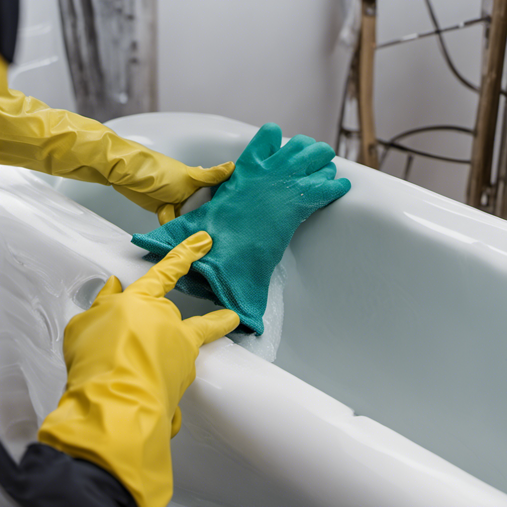 An image showcasing a person wearing protective gloves, carefully sanding and cleaning a hairline crack on a fiberglass bathtub