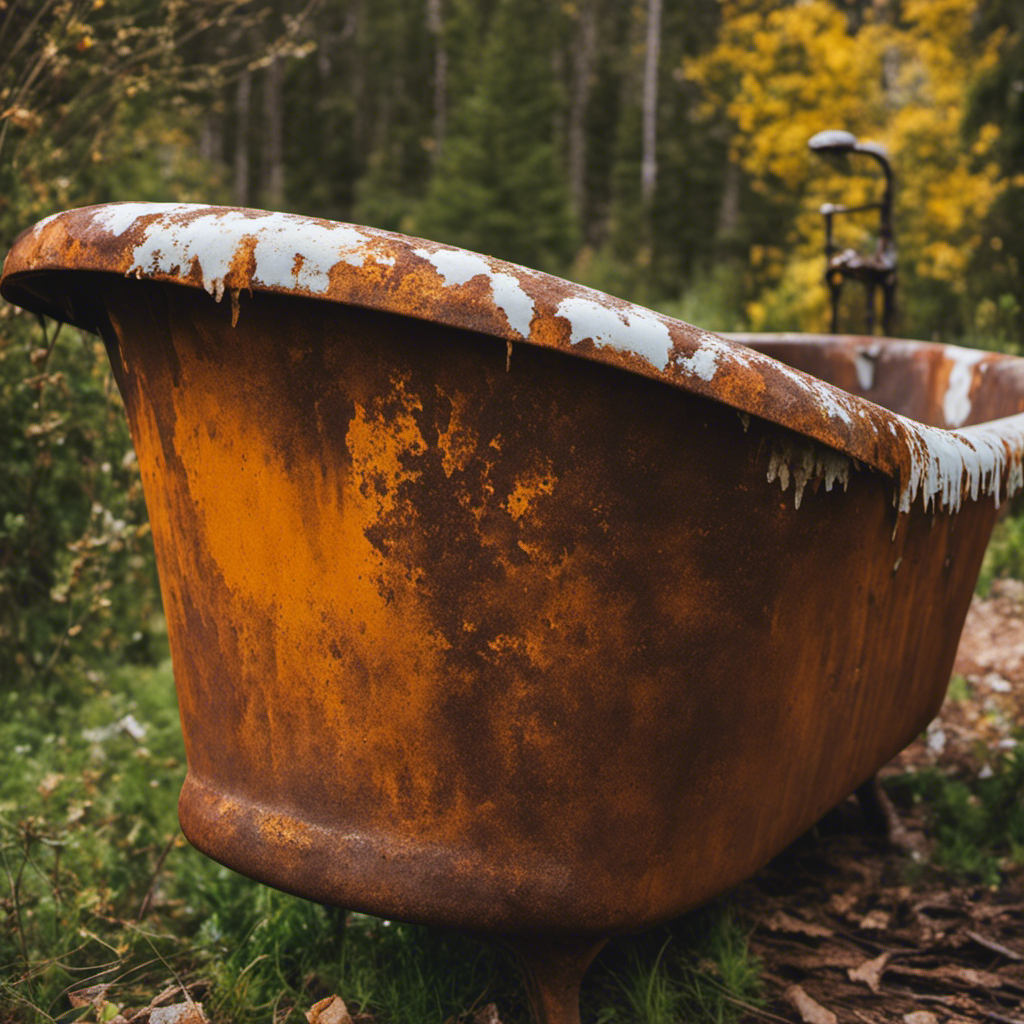 -up image of a rusty bathtub, with peeling paint and discolored patches, showcasing the damage caused by corrosion