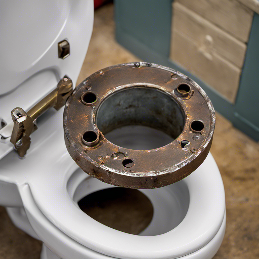 An image showcasing a close-up view of a damaged toilet flange, with clear indications of cracks, rust, and misalignment