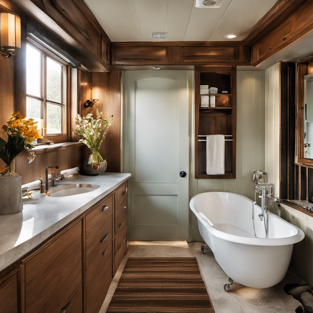 An image that showcases a mobile home bathroom with a worn-out bathtub being removed