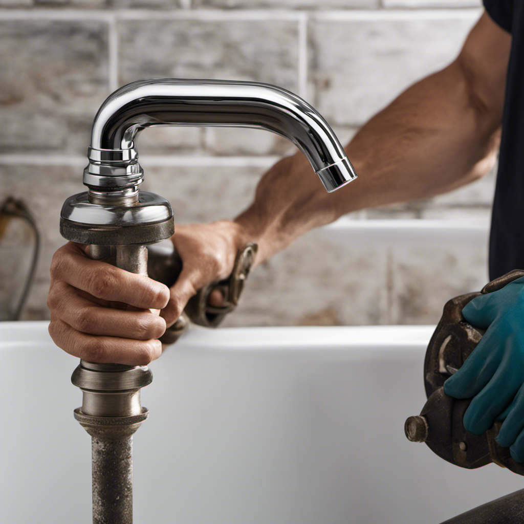 An image showcasing a hand gripping a wrench, turning and removing a corroded bathtub spout
