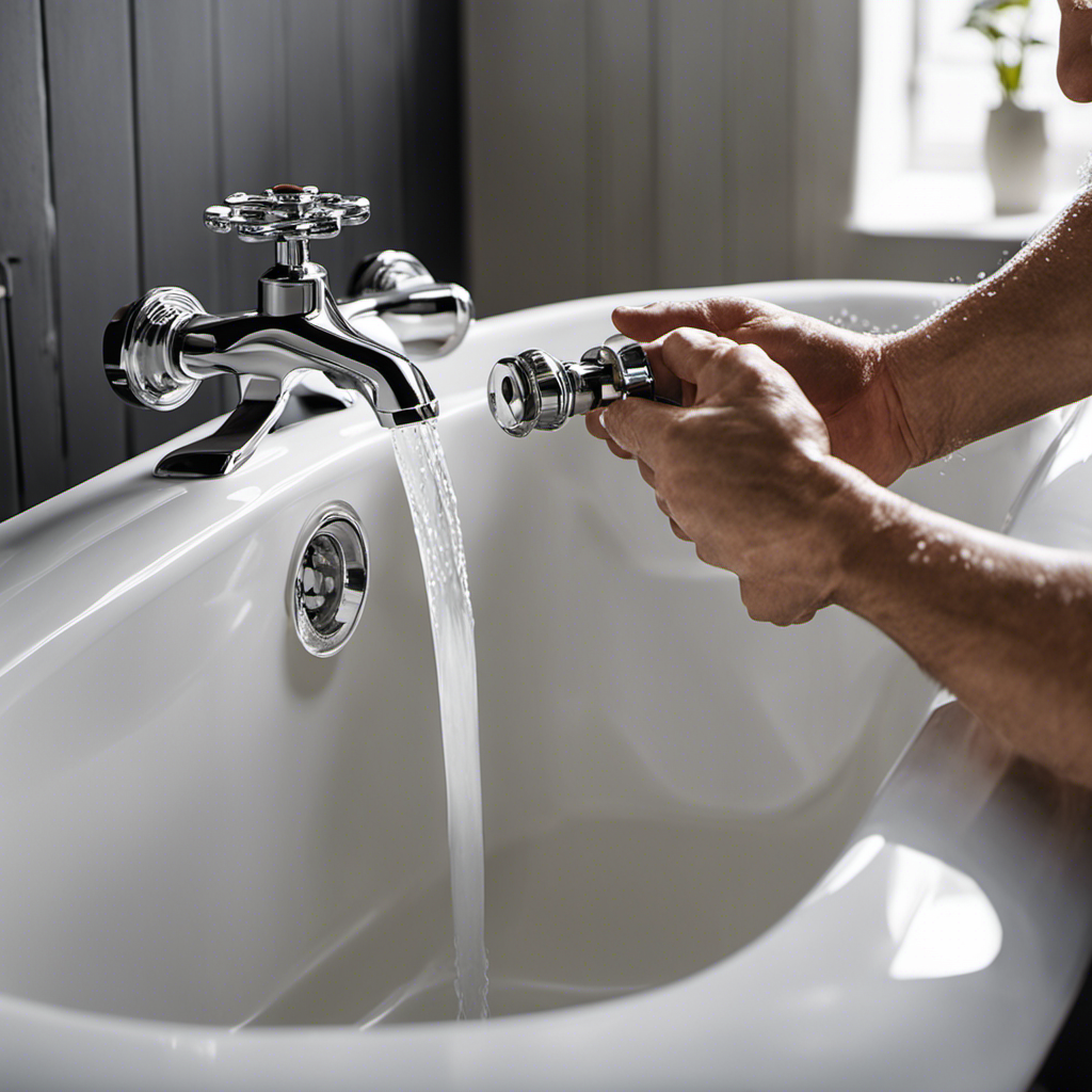 An image of a pair of hands gripping a wrench, turning a valve stem on a bathtub