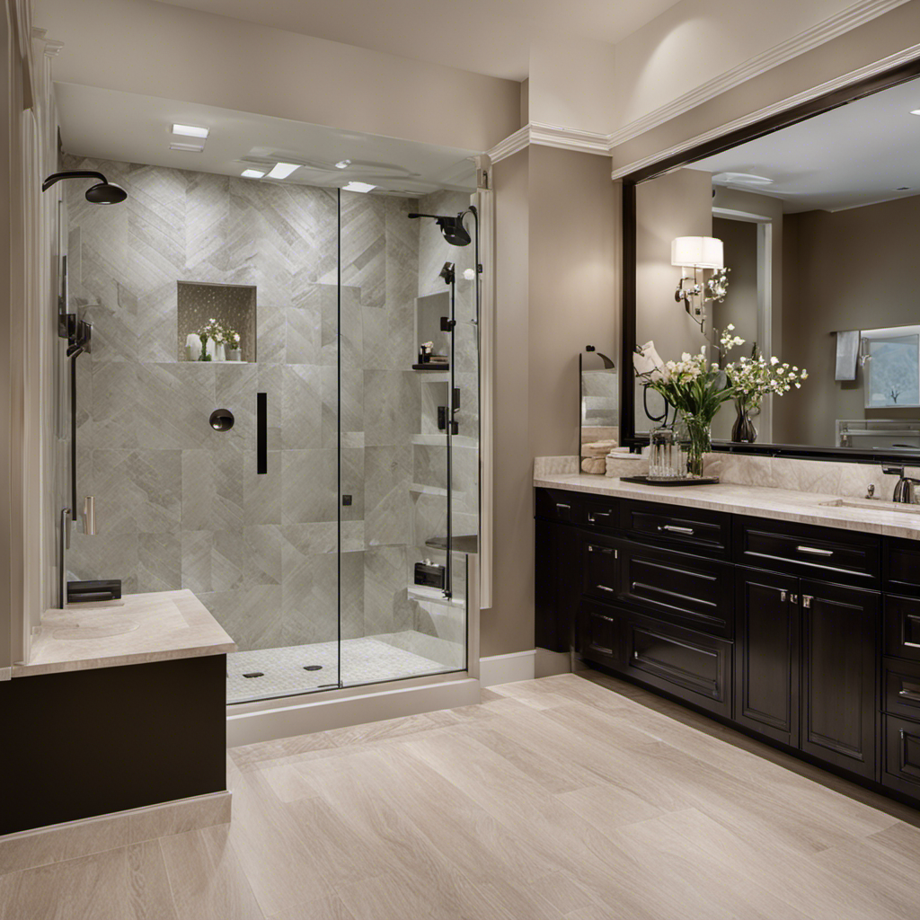 An image showcasing a step-by-step transformation: A bathtub being removed, revealing an open space; a sleek, modern, walk-in shower being installed; and a finished, luxurious bathroom with glass doors, mosaic tiles, and rainfall showerhead