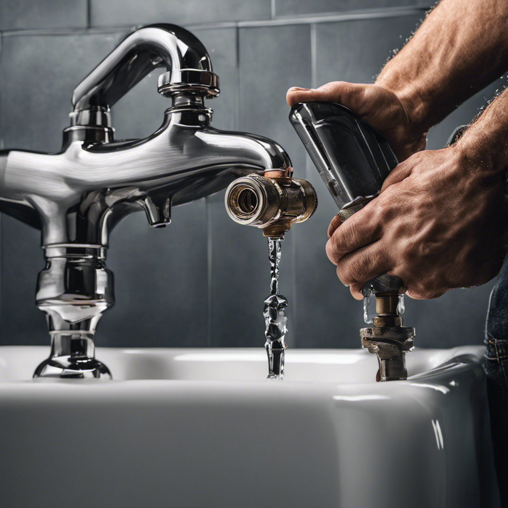 An image featuring a close-up view of a plumber's hand holding a wrench, turning the valve beneath the bathtub, while water droplets slowly drip from the leaking faucet