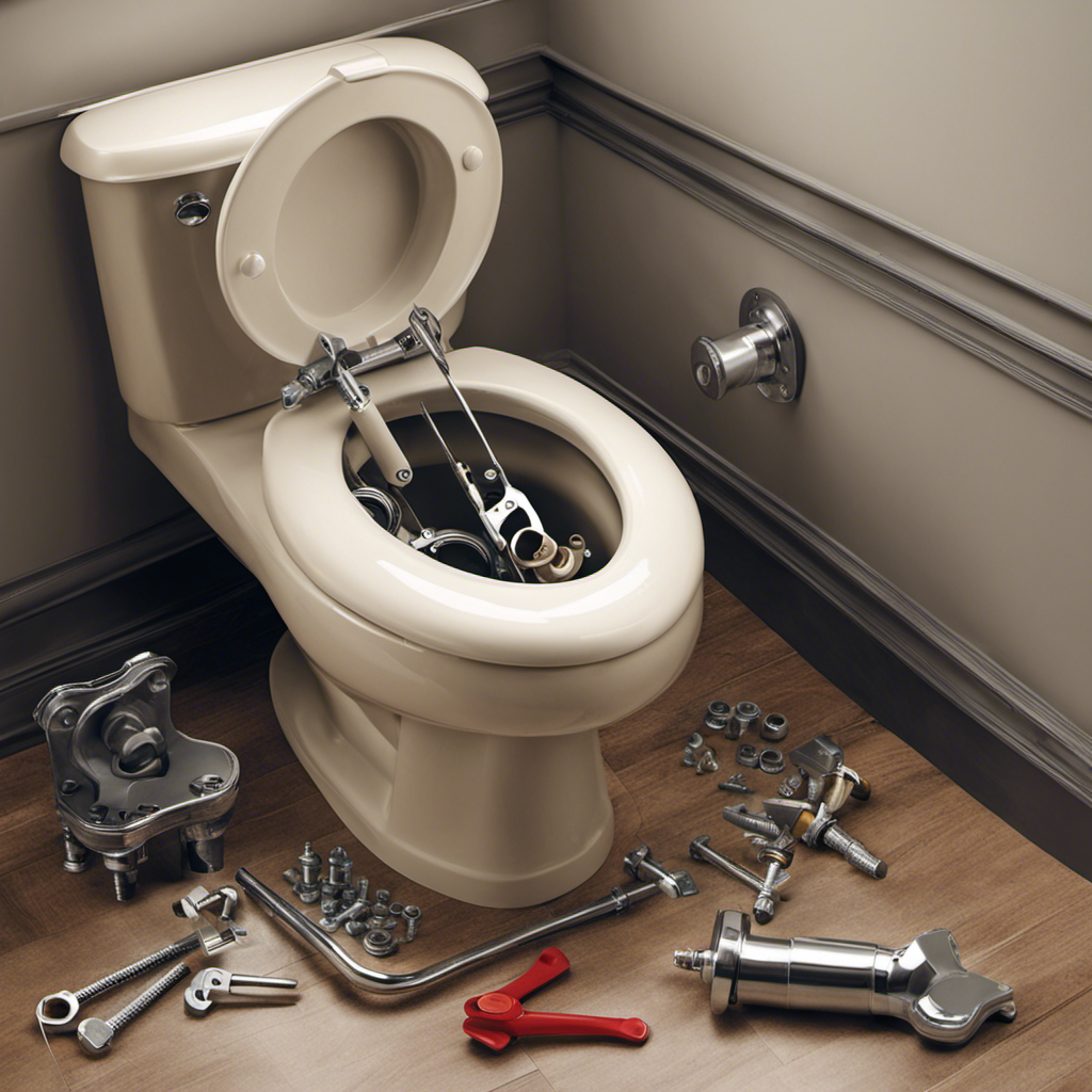 An image that shows a pair of gloved hands holding a wrench, loosening the bolts connecting the toilet to the floor