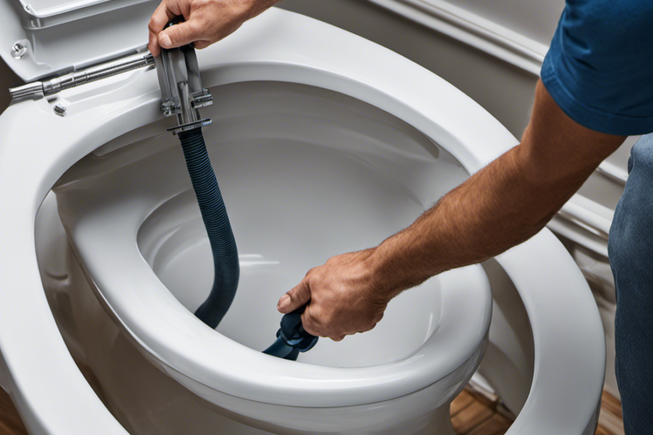 An image showcasing a step-by-step guide on replacing a toilet float: A close-up of a hand disconnecting the water supply hose, removing the old float assembly, installing a new float, and reconnecting the hose