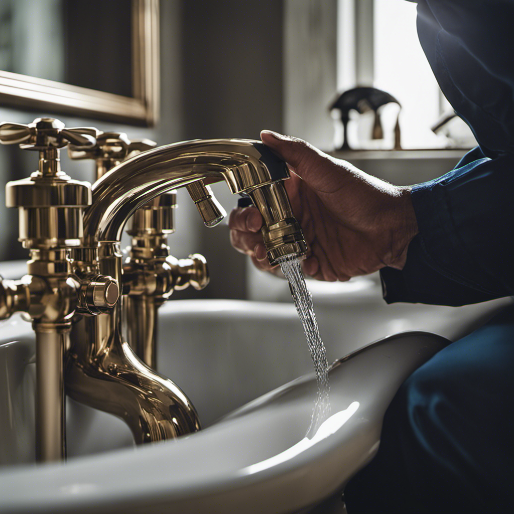 An image showcasing a close-up view of a plumber's hand inspecting the connections between the bathtub faucet handles and the plumbing pipes, emphasizing the use of a flashlight to ensure proper alignment
