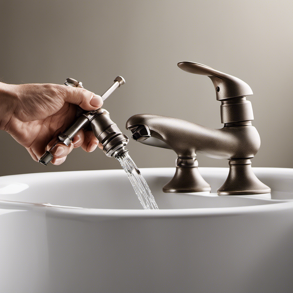 An image showcasing a pair of hands gripping a screwdriver tightly, prying off the worn, rusty faucet handles from a bathtub