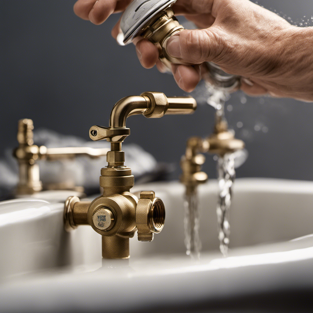 An image capturing a close-up view of a plumber's hand turning on the water supply valve, while another hand holds a pressure gauge near the bathtub faucet