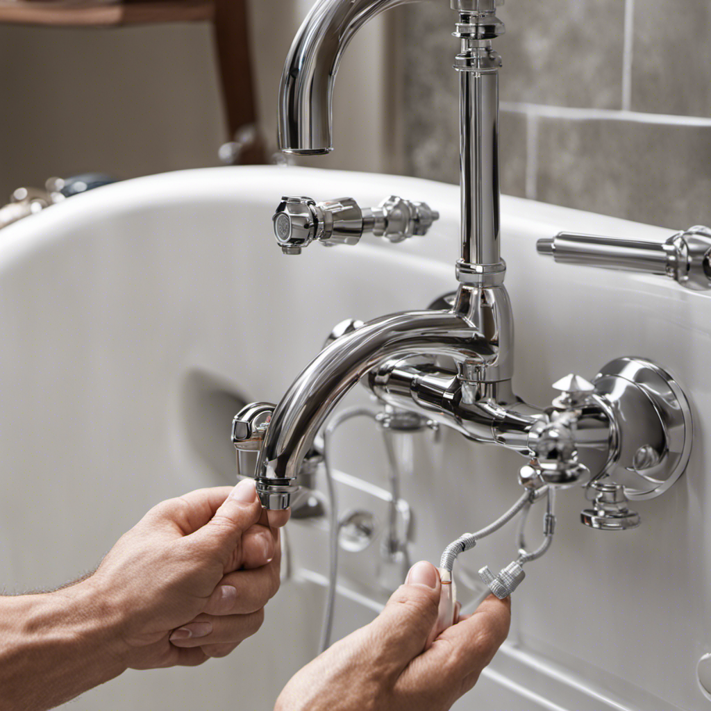 An image showcasing a close-up view of a plumber expertly connecting the water supply lines to a newly installed two-handle bathtub faucet