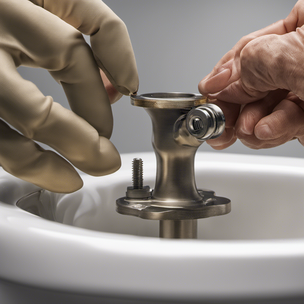 An image showing a close-up view of a gloved hand carefully aligning a new wax ring on the toilet flange, while another hand tightens the bolts to reattach the toilet base