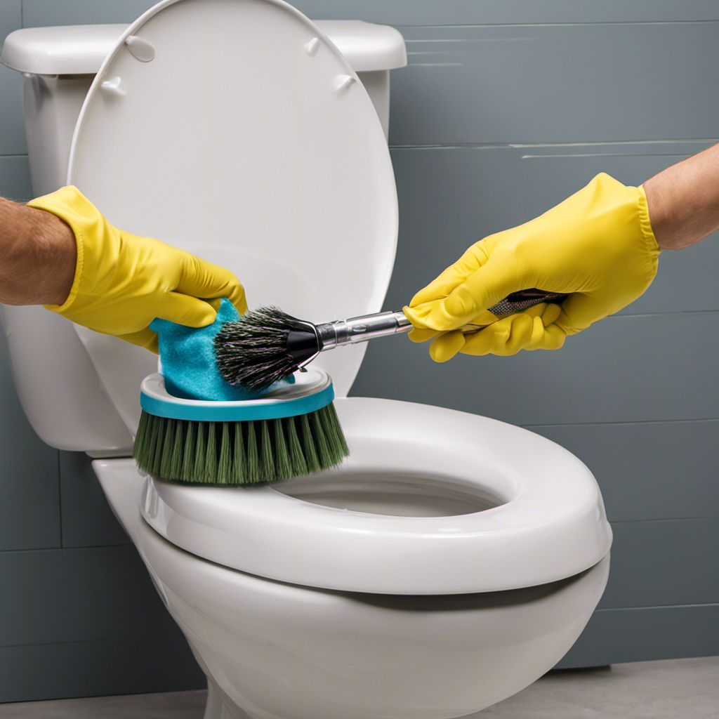 An image showing a pair of gloved hands using a wire brush to thoroughly clean the toilet flange, removing any old wax residue