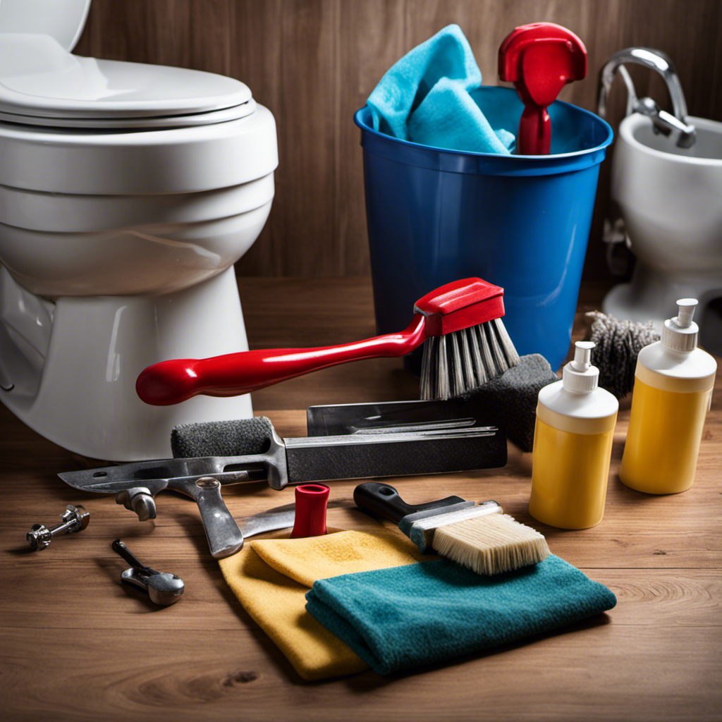 An image capturing a sturdy wrench, putty knife, rubber gloves, wax ring, plunger, and a bucket, neatly arranged on a towel near a toilet