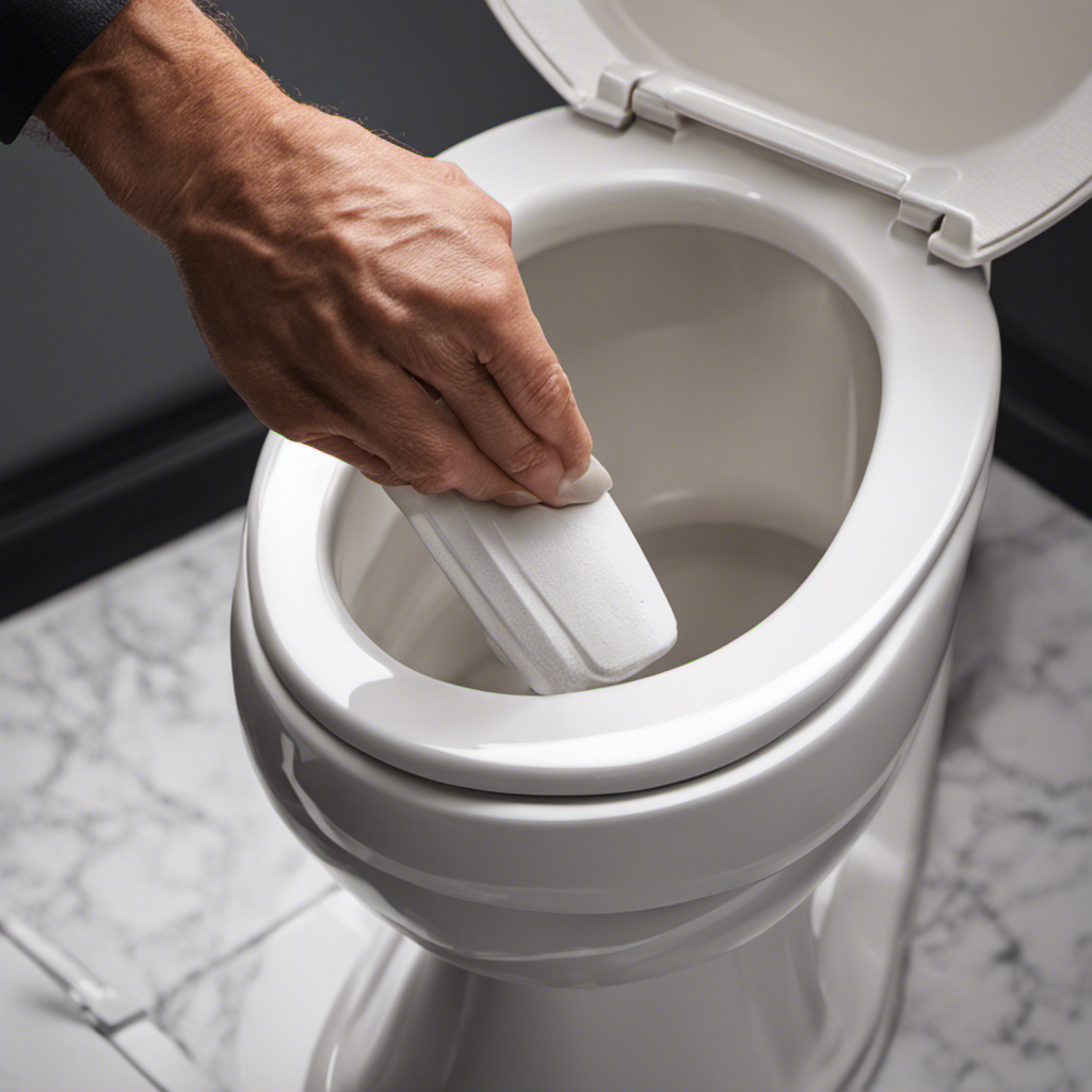 An image showcasing a close-up view of hands, holding a new American Standard toilet flapper, skillfully removing the old flapper and replacing it with the new one, illustrating the step-by-step process of toilet flapper replacement
