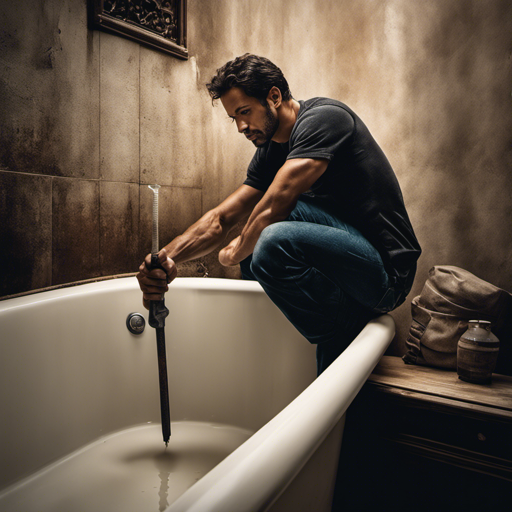 An image of a person kneeling beside a bathtub, holding a screwdriver and removing an old, rusty drain cover