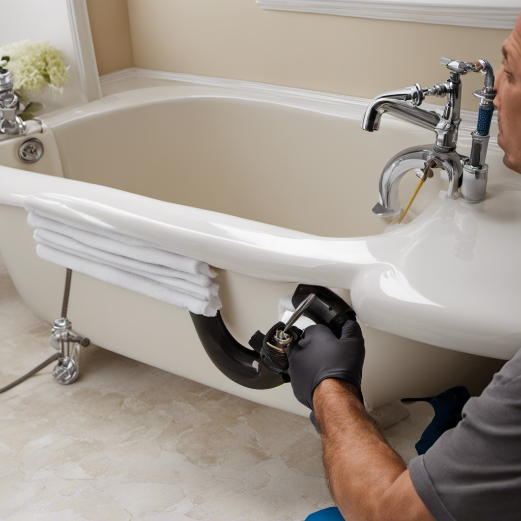 An image showcasing a step-by-step visual guide on replacing a bathtub drain pipe: hands wearing gloves unscrewing the old pipe, removing it, and attaching a new pipe with a wrench
