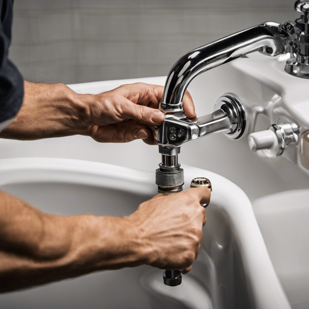 An image showcasing a close-up shot of a hand gripping a wrench, skillfully dismantling a bathtub handle stem