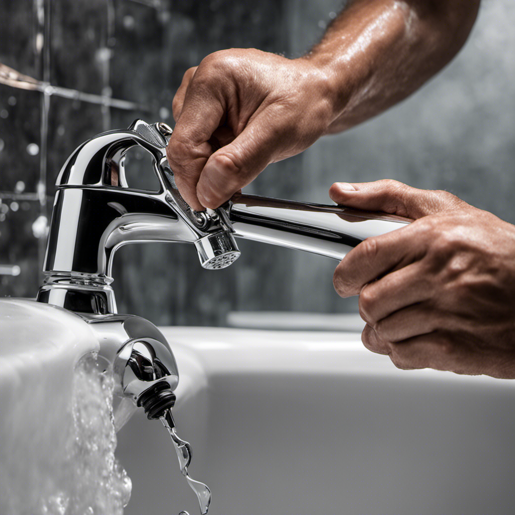 An image capturing a person's hands gripping a pipe wrench, turning and loosening the bathtub spout pipe