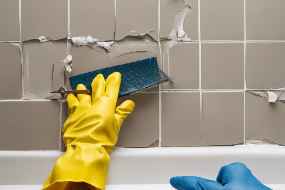 An image showcasing a pair of gloved hands removing chipped and cracked bathtub tiles, revealing the bare wall beneath
