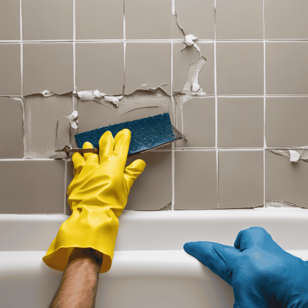 An image showcasing a pair of gloved hands removing chipped and cracked bathtub tiles, revealing the bare wall beneath
