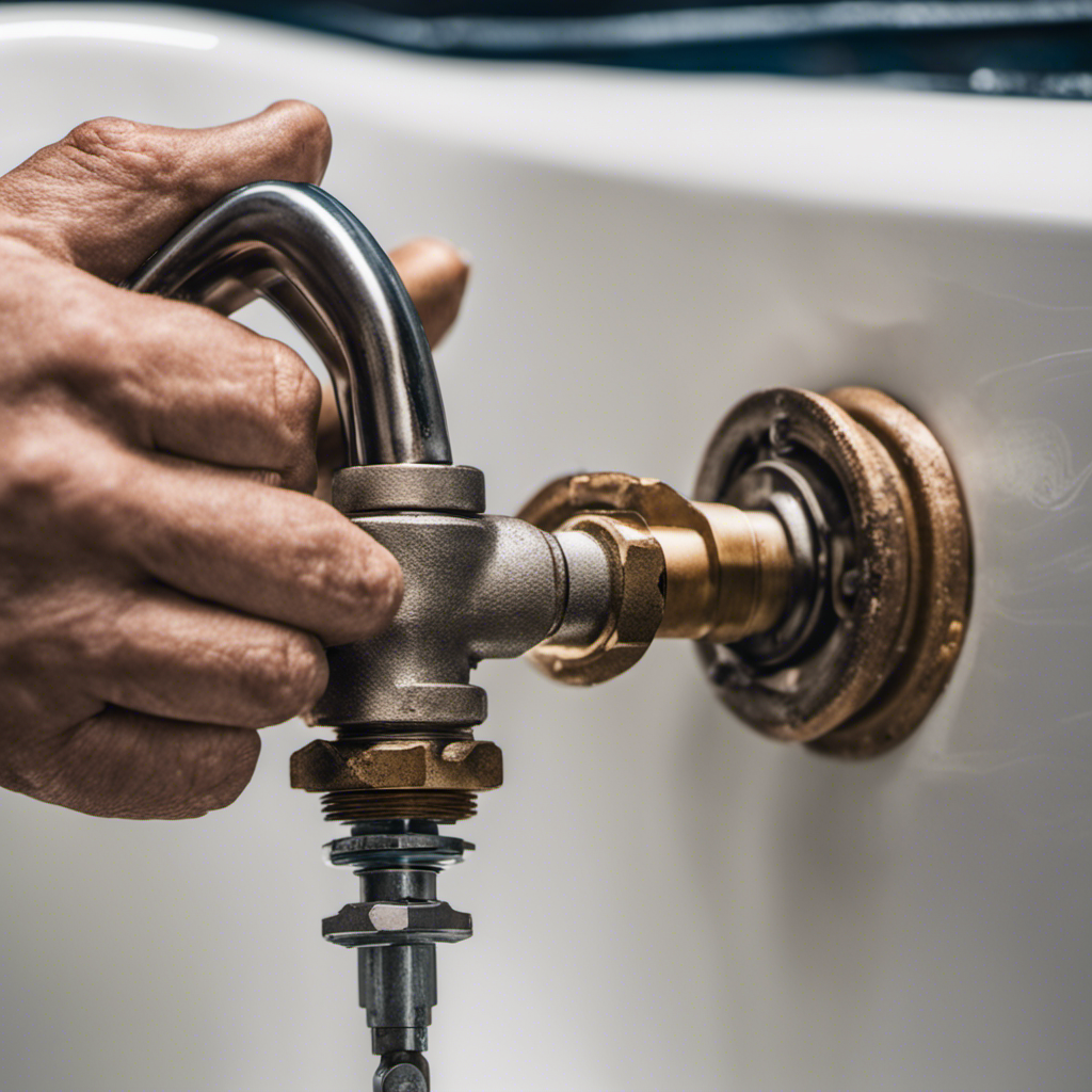 An image showcasing a close-up of a plumber's hand gripping a wrench, turning and removing the old bathtub valve