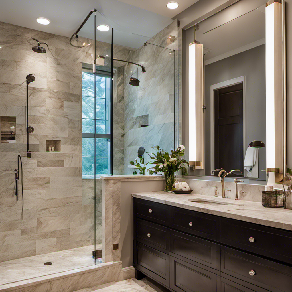 An image showcasing a spacious bathroom transformation: a sleek, modern walk-in shower with a frameless glass door, adorned with luxurious marble tiles and a rainfall showerhead, replacing an old, worn-out bathtub