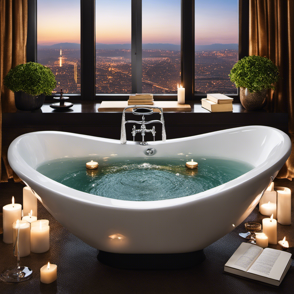 An image showcasing a sparkling clean bathtub with a shiny faucet, surrounded by fresh towels, scented candles, and a bath tray adorned with a book and a glass of wine, adding a luxurious and inviting ambiance to your bathroom