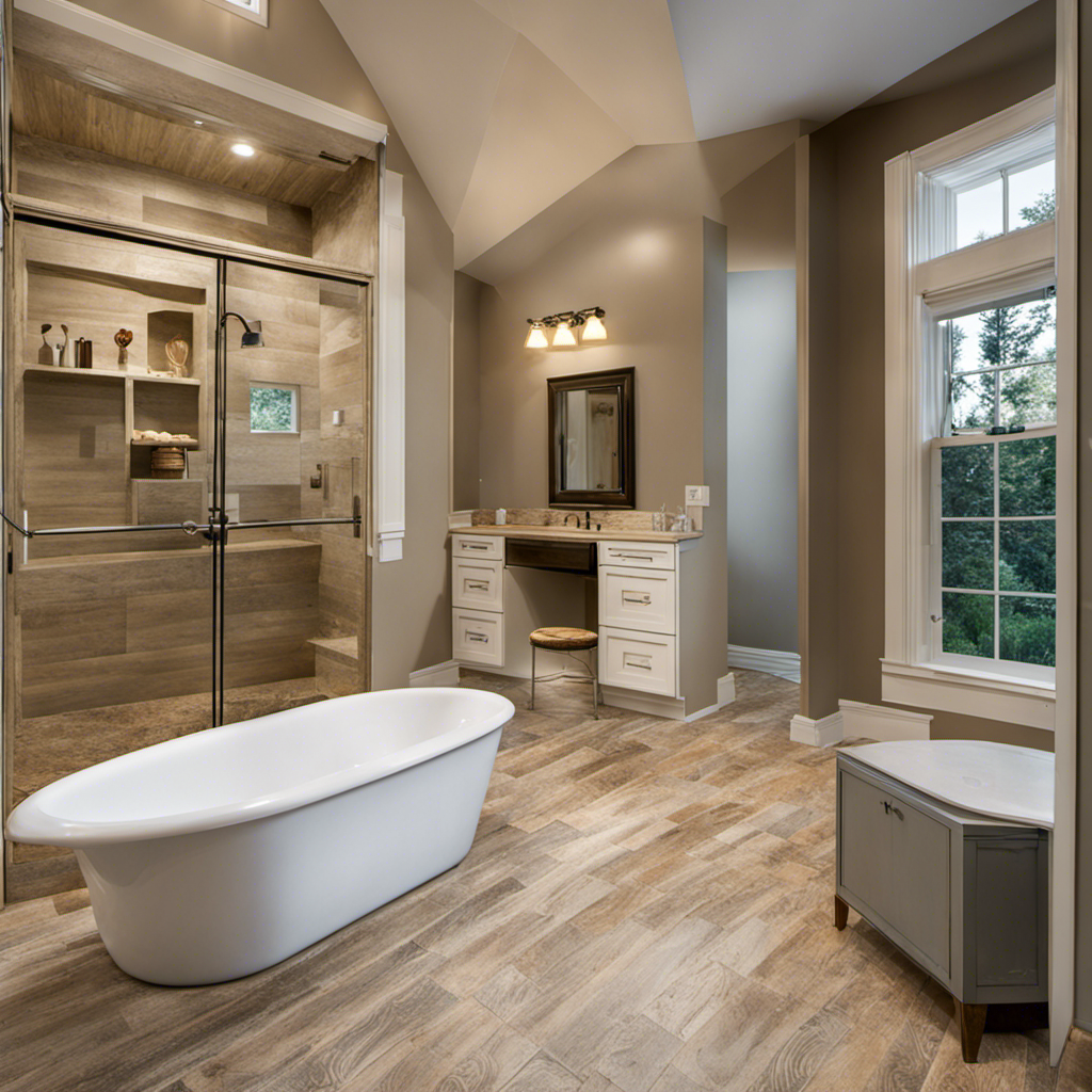 An image showcasing a bathroom with a removed bathtub, revealing the bare subfloor beneath