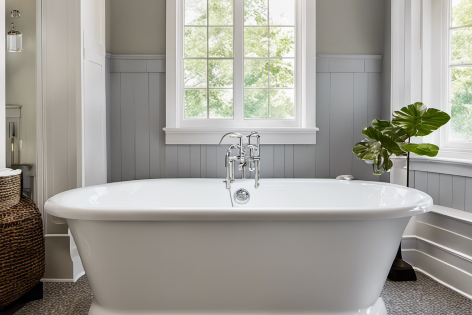 An image showcasing step-by-step instructions to replace a bathtub: a person wearing safety gloves, removing old caulk, disconnecting plumbing, lifting the old tub, installing a new one, connecting plumbing, and applying fresh caulk for a seamless finish