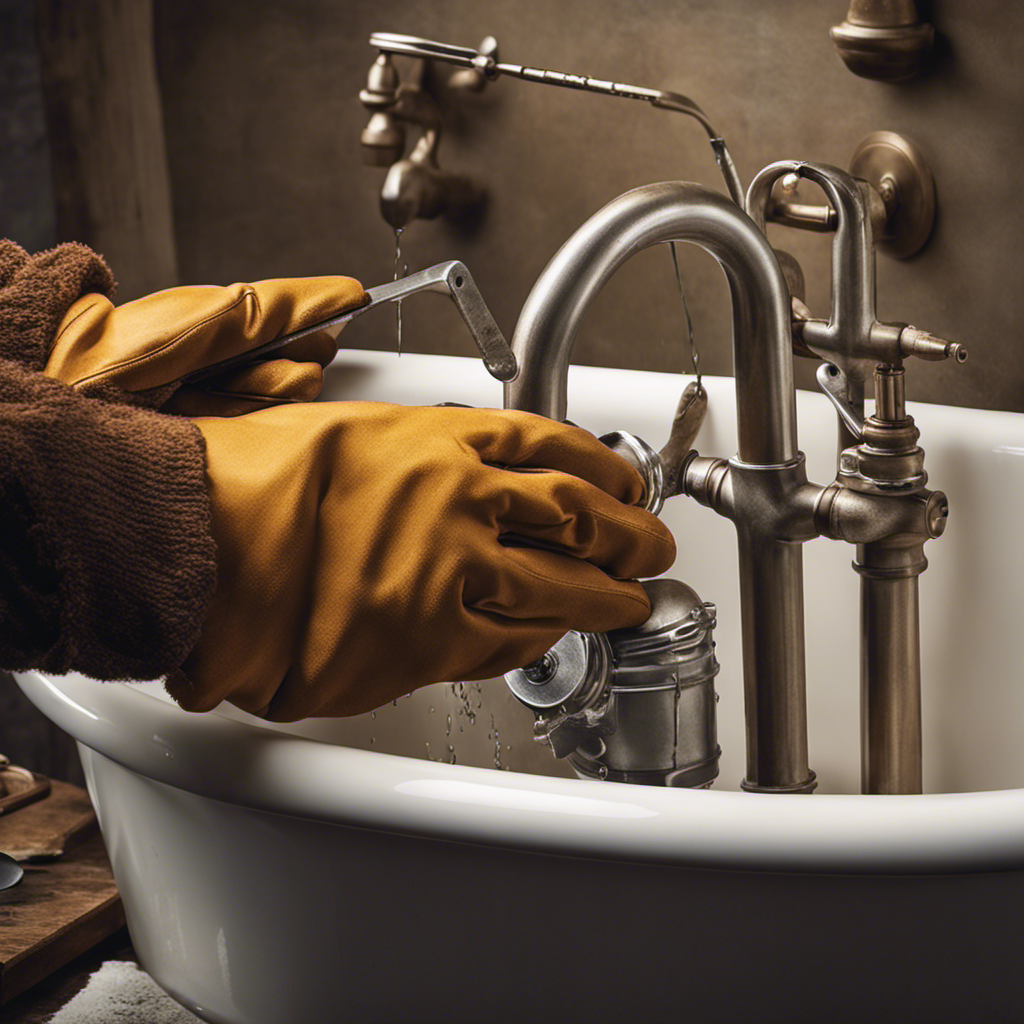 An image showcasing a pair of gloved hands using a wrench to loosen the old bathtub's drain flange, while another hand holds a bucket underneath to catch any water or debris