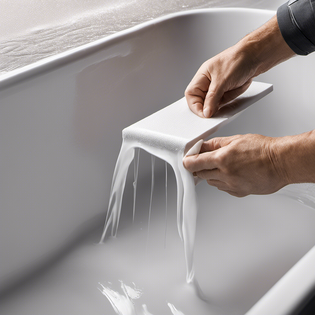 An image showcasing a close-up view of a bathtub being sealed and waterproofed, capturing the precise application of silicone caulk around the edges, ensuring a tight seal for long-lasting protection against water damage