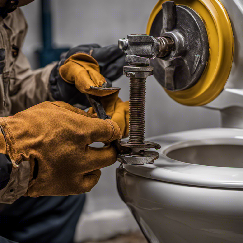 An image of a person wearing protective gloves, using a wrench to loosen bolts on a damaged cast iron toilet flange