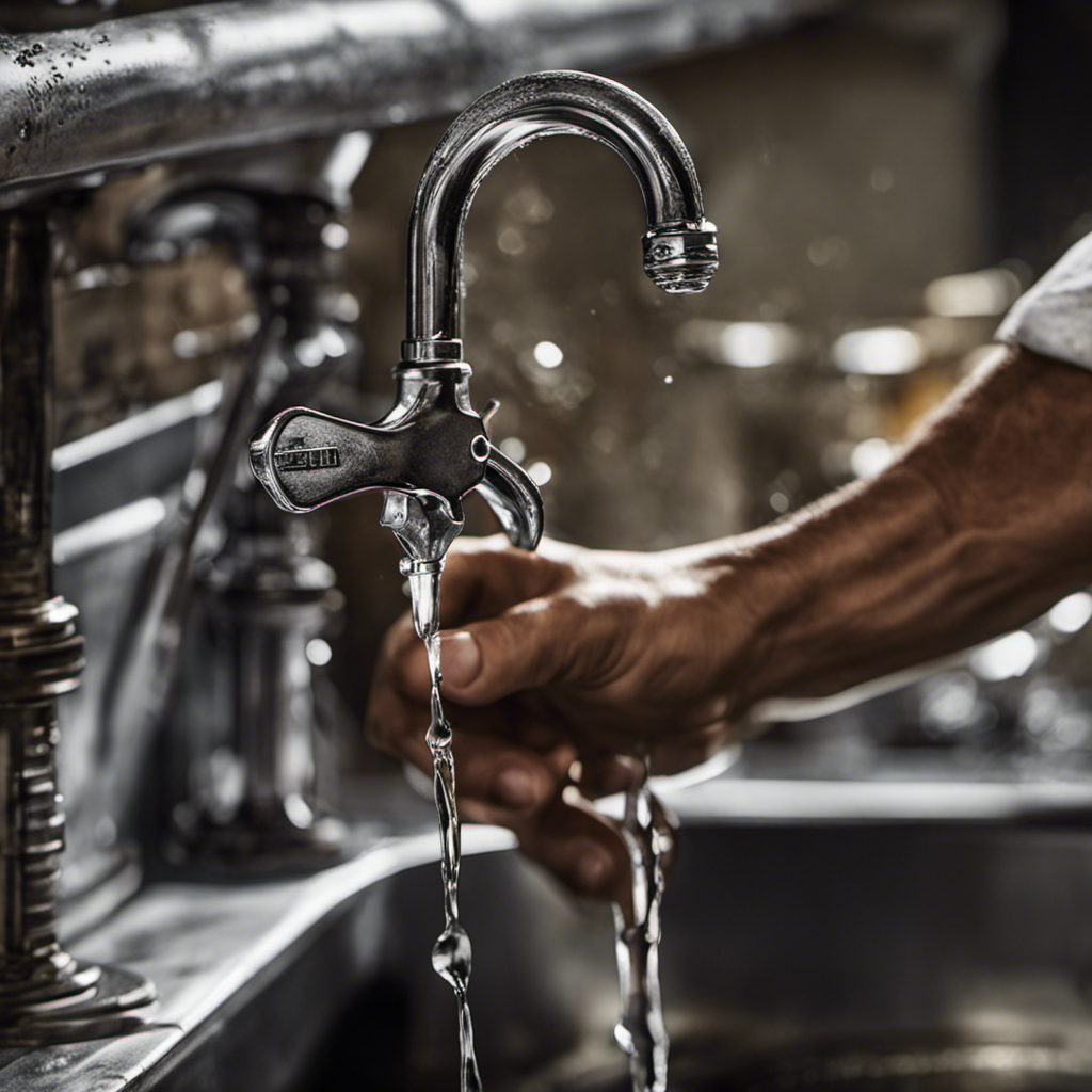 An image capturing a close-up of a pair of hands gripping a wrench, slowly turning it counterclockwise to loosen the old faucet's bolts, with drops of water trickling down the worn-out hardware