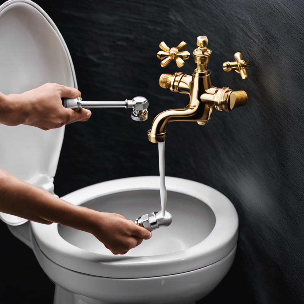 An image showcasing a close-up of a hand holding a new float valve, while another hand gently removes the old float from a toilet tank