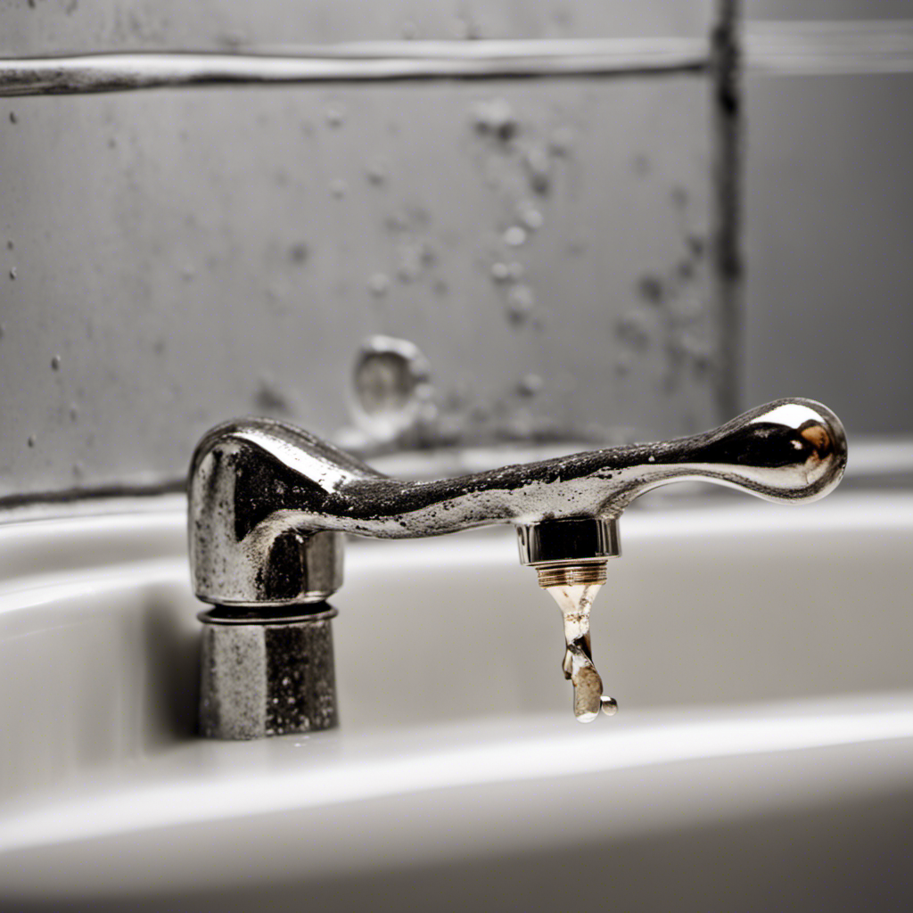 An image showcasing a close-up of water droplets dripping from a corroded bathtub faucet, with a hand holding a wrench, ready to disassemble the faucet