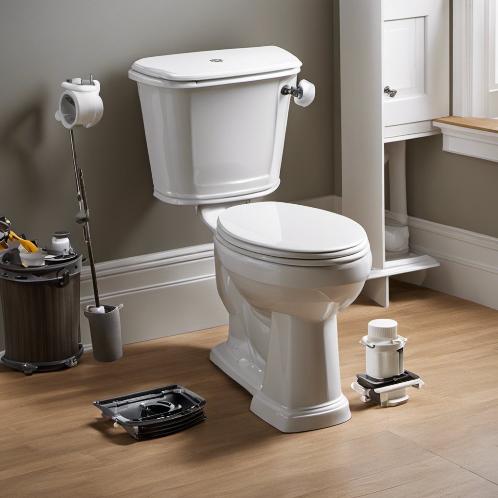 An image showcasing a step-by-step guide on replacing the internal components of a toilet, featuring a dismantled toilet tank, hand tools, new parts (such as flapper, fill valve, and flush handle), and clear instructions through visual cues