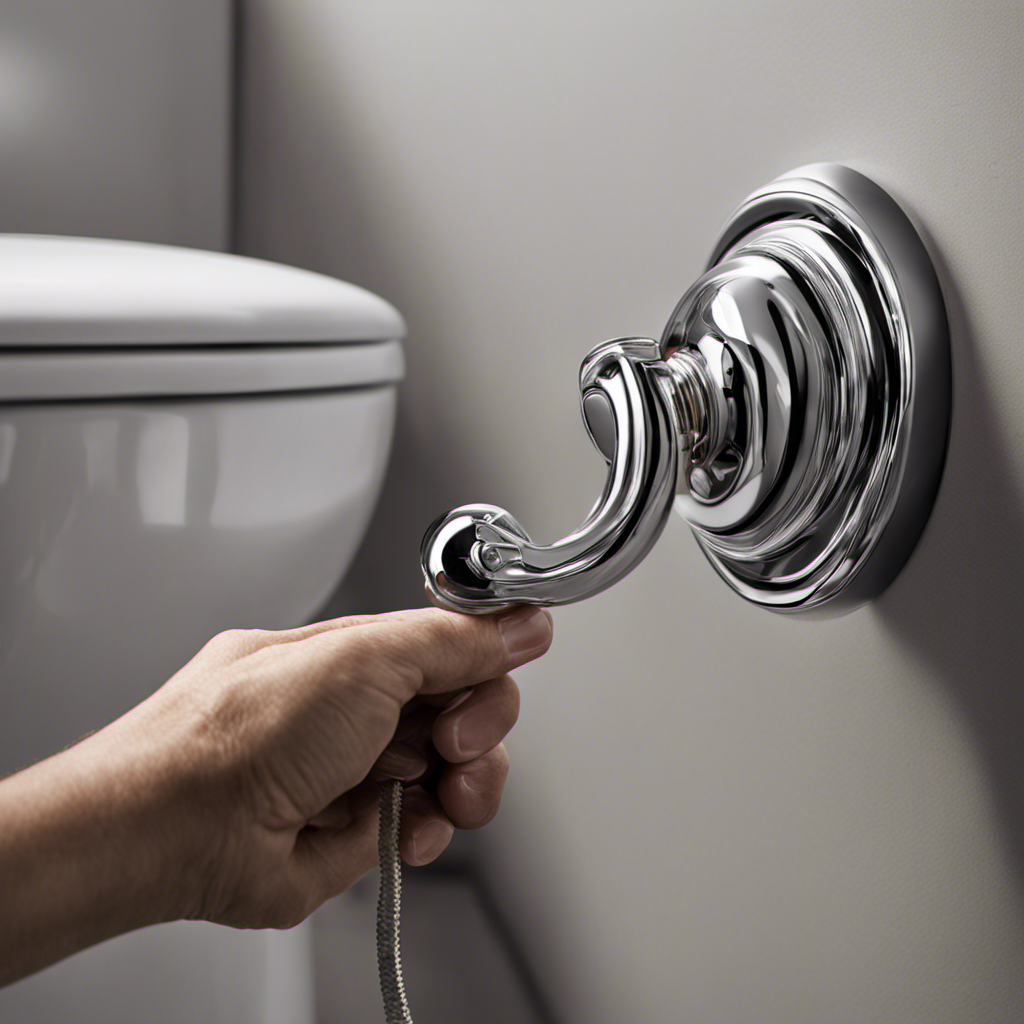 An image showcasing a close-up view of a hand effortlessly unscrewing the old toilet handle, while the other hand holds a shiny new handle ready to be installed, highlighting the step-by-step process of replacing a toilet handle