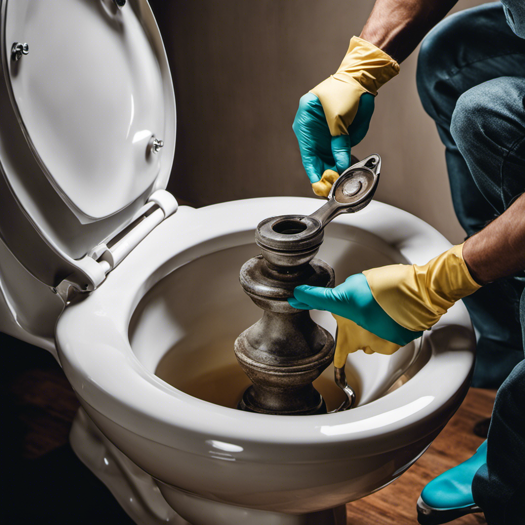 An image of a person wearing rubber gloves, holding a wrench and removing a toilet bowl
